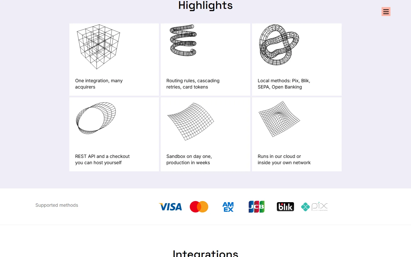 Grid of six highlights with wireframe 3D objects, and a row of card scheme logos under it
