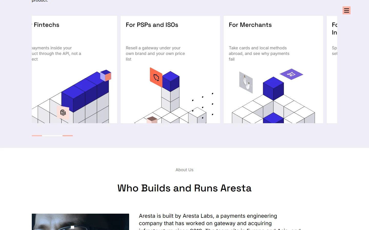 Use-case cards for fintechs, PSPs and merchants with isometric 3D scenes, and the start of the “Who Builds and Runs Aresta” block