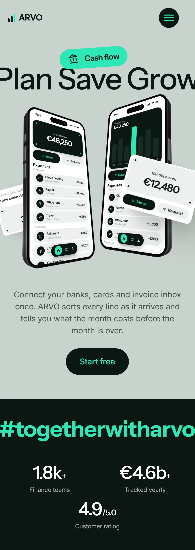 The SaaS site on a phone: the headline, the product screens and the plan cards one under another.