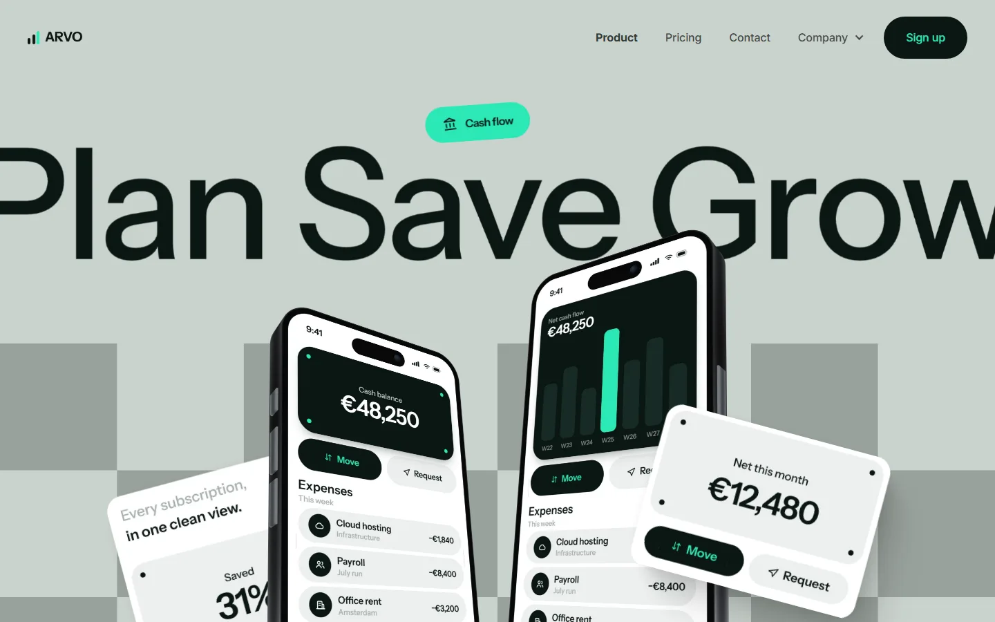 The first screen of the SaaS site: a wide headline, two phones with the cash balance and a chart, and pulled-out figure cards.