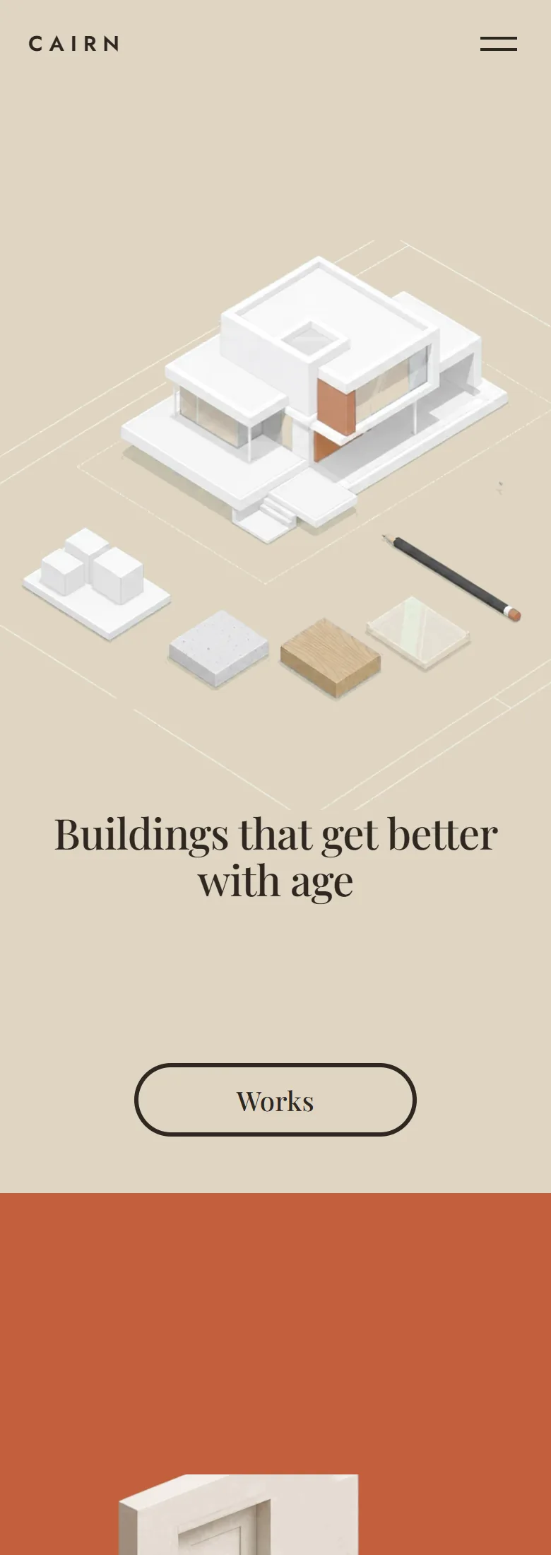 The bureau site on a phone: the model of the house, the headline and the button to the works, with the next block beginning below.