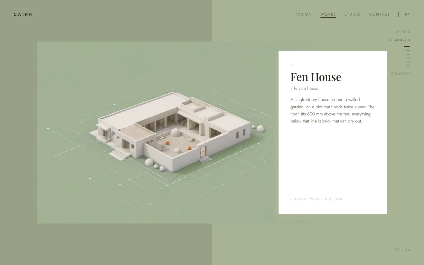 A project screen: a single-storey house around a walled garden on a sage-green field, with a white card on the right carrying its name and description.