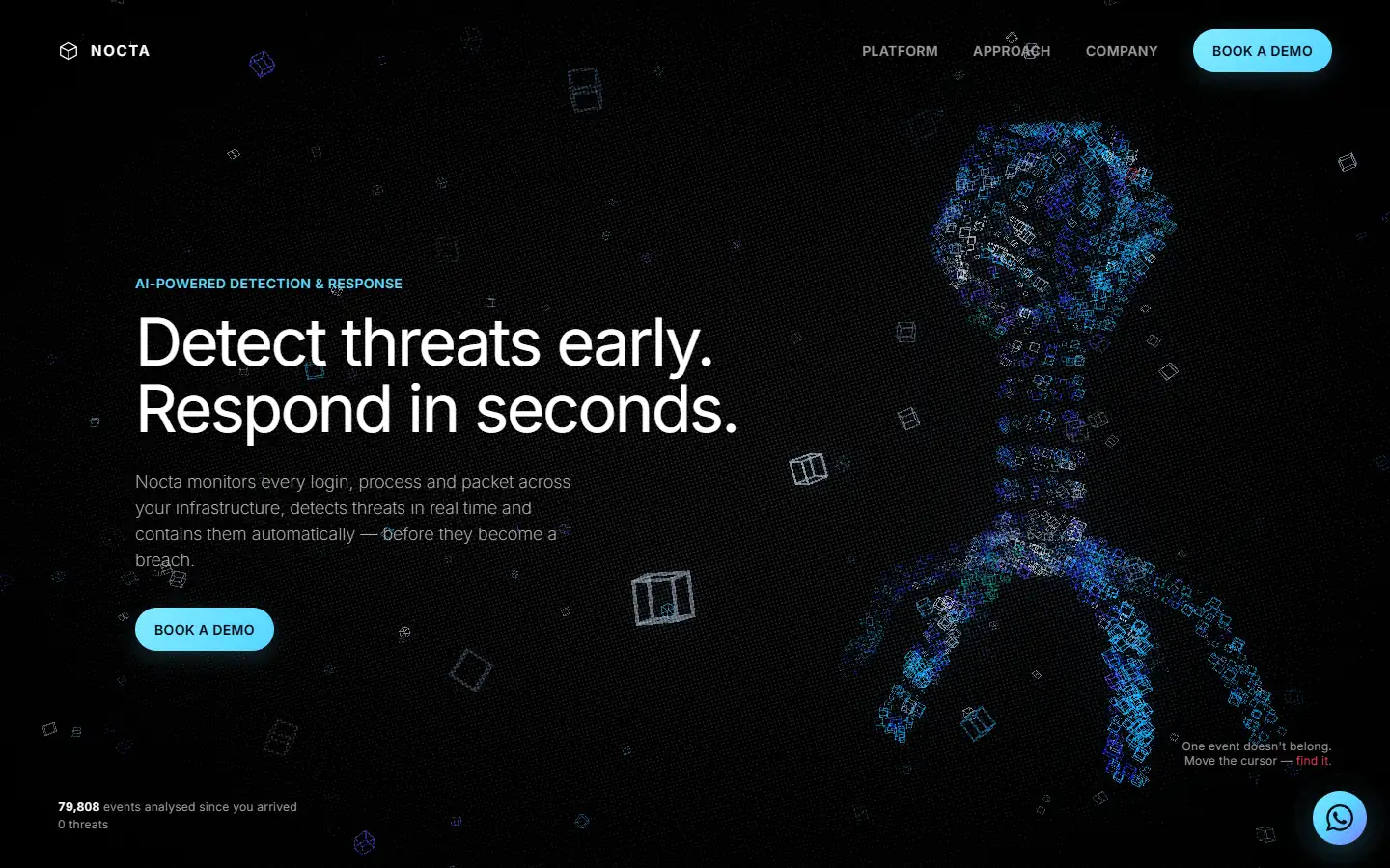 The first screen: the headline on the left, and on the right a virus assembled out of blue particles.