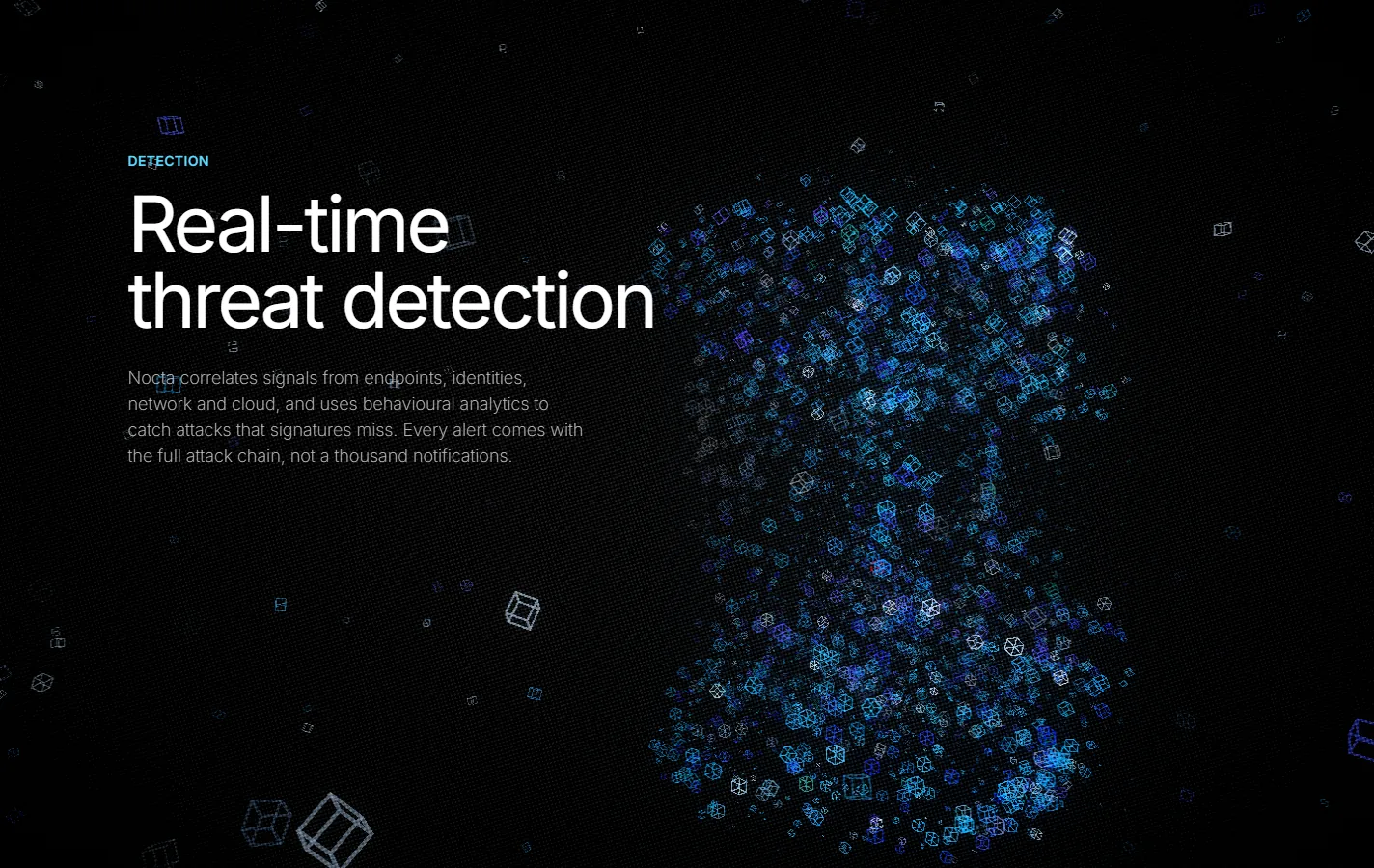 The detection screen: the heading on the left, on the right an eye of particles with one red particle in the pupil.