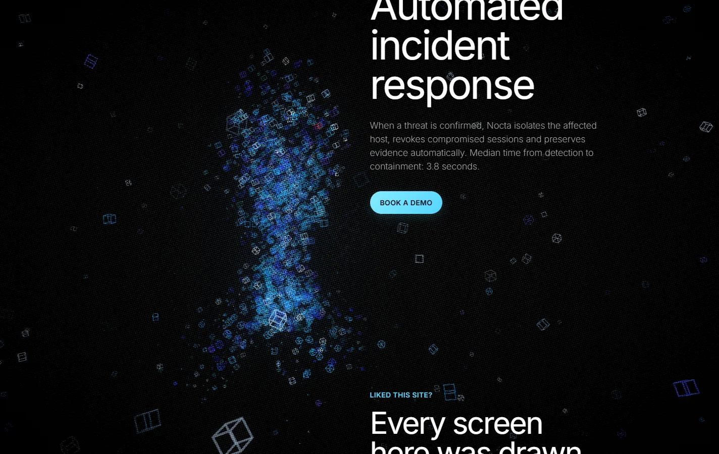 The response screen: the shape mid-turn as a dense cluster of particles on the left, the heading, the paragraph and the button on the right.