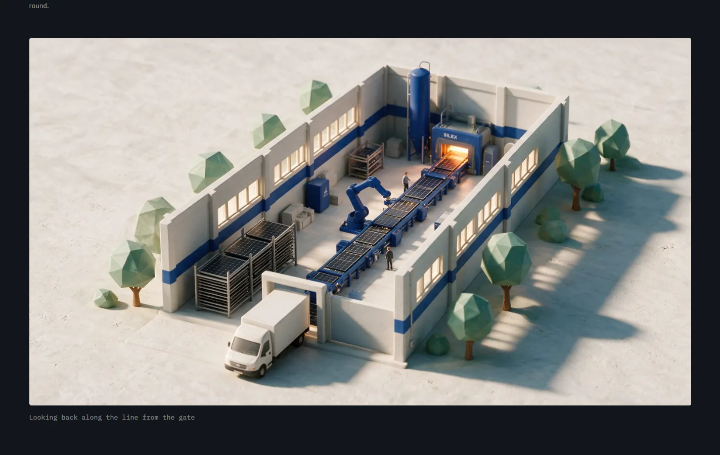 An isometric view into the plant: the furnace, the conveyor, a robot arm and racks of finished panels.