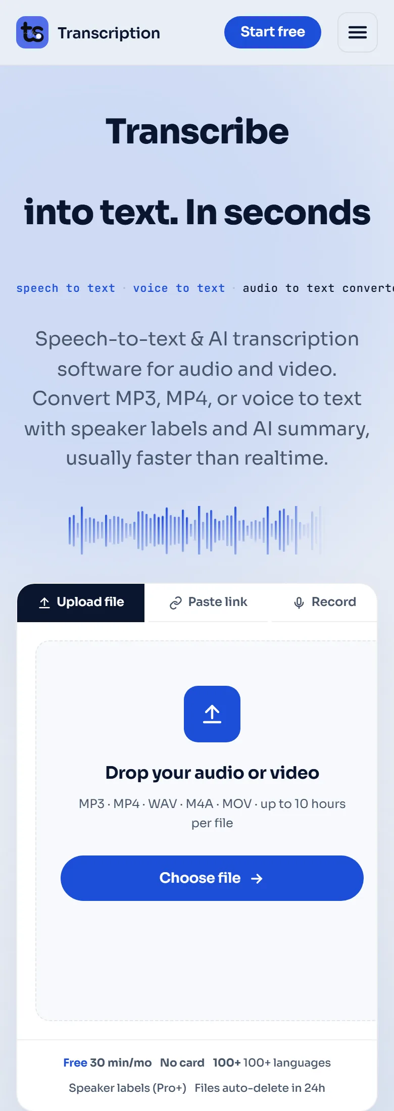 transcription.solutions on a phone: the headline, the upload box and the figures about languages and accuracy in one column